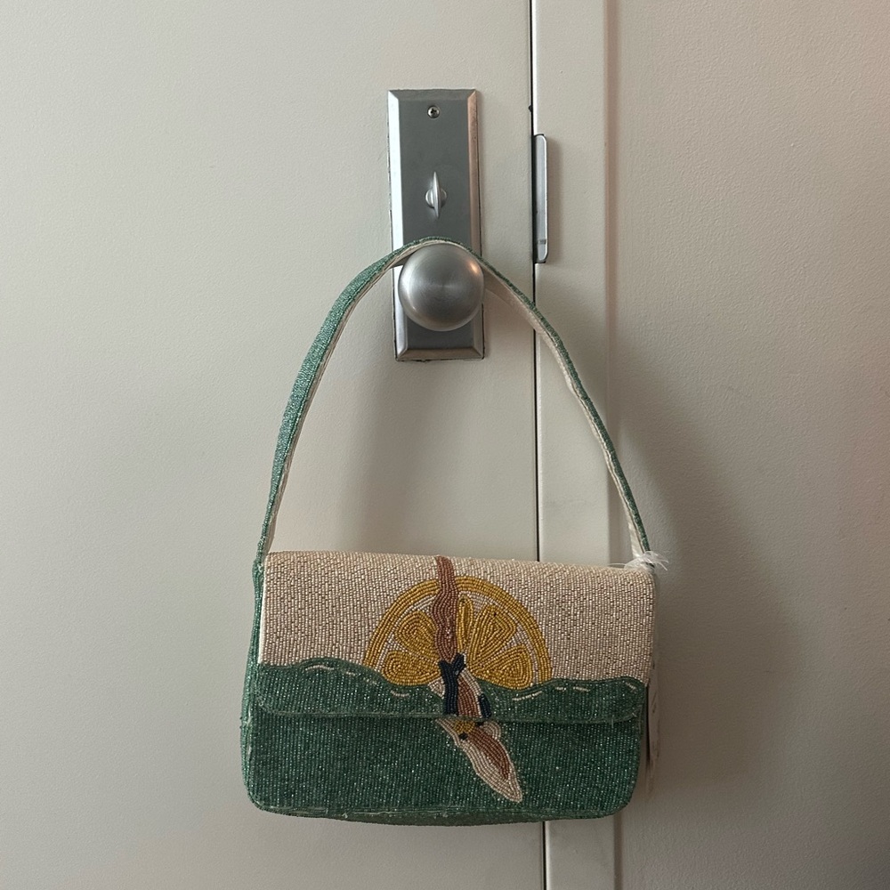 Green and Cream Embroidered Women's Bag